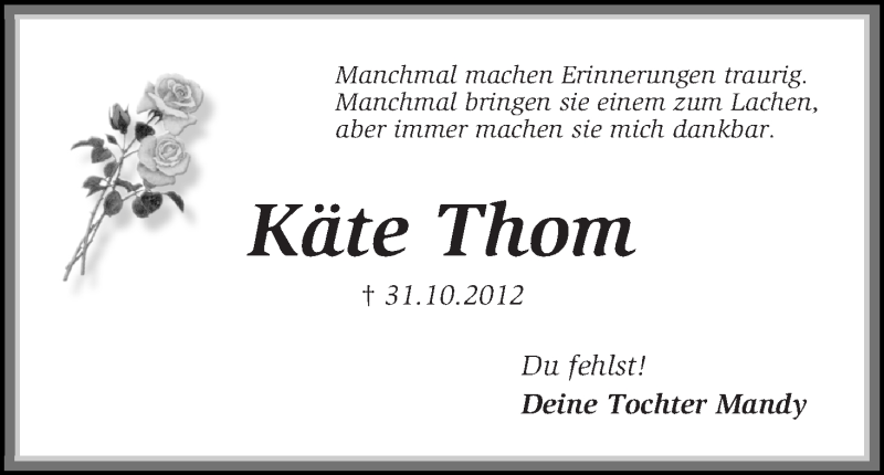  Traueranzeige für Käte Thom vom 31.10.2013 aus WESER-KURIER