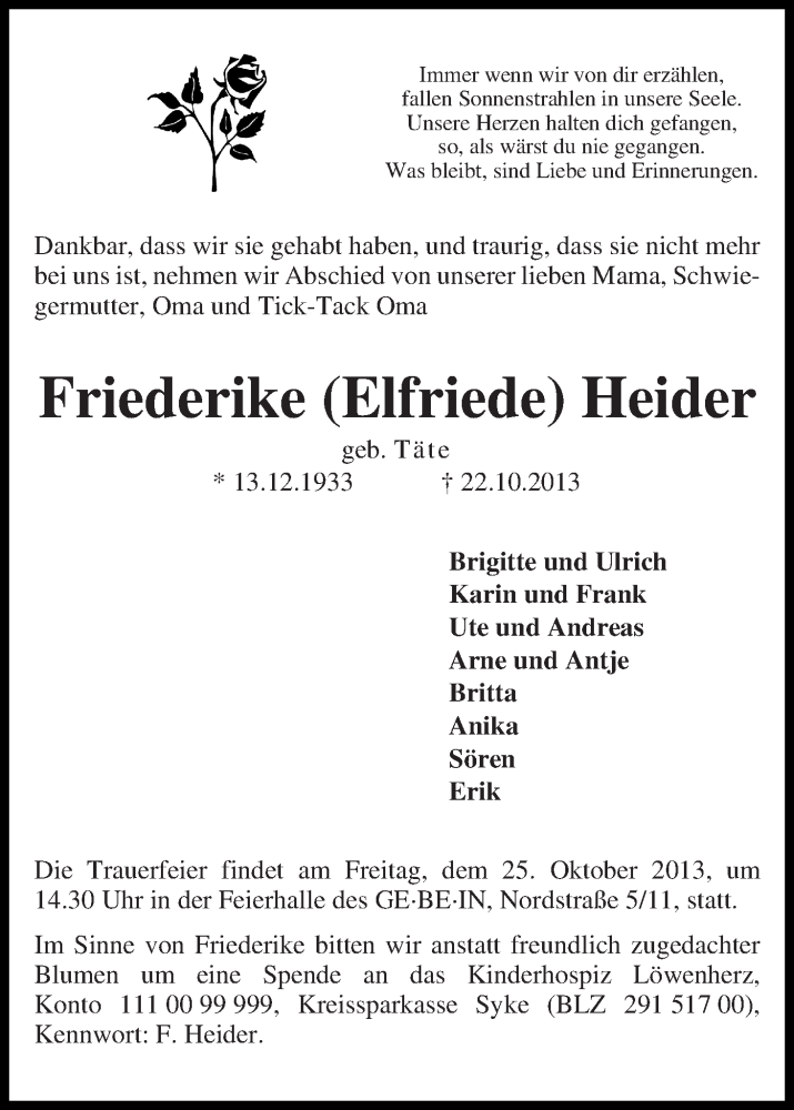 Traueranzeige von Friederike Heider von WESER-KURIER