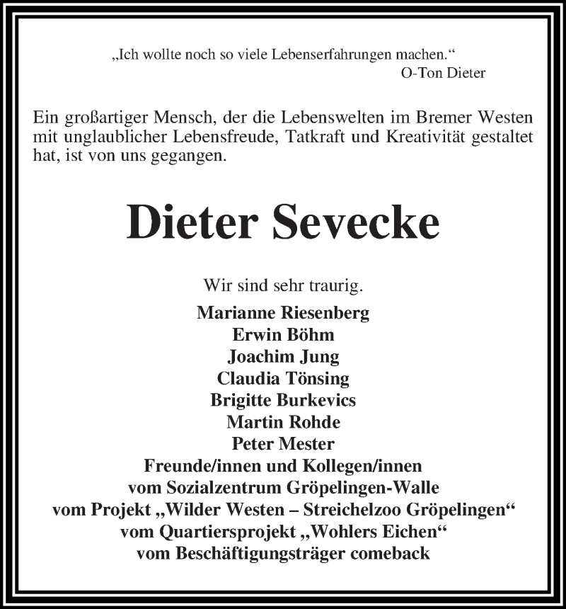 Traueranzeige von Dieter Sevecke von WESER-KURIER