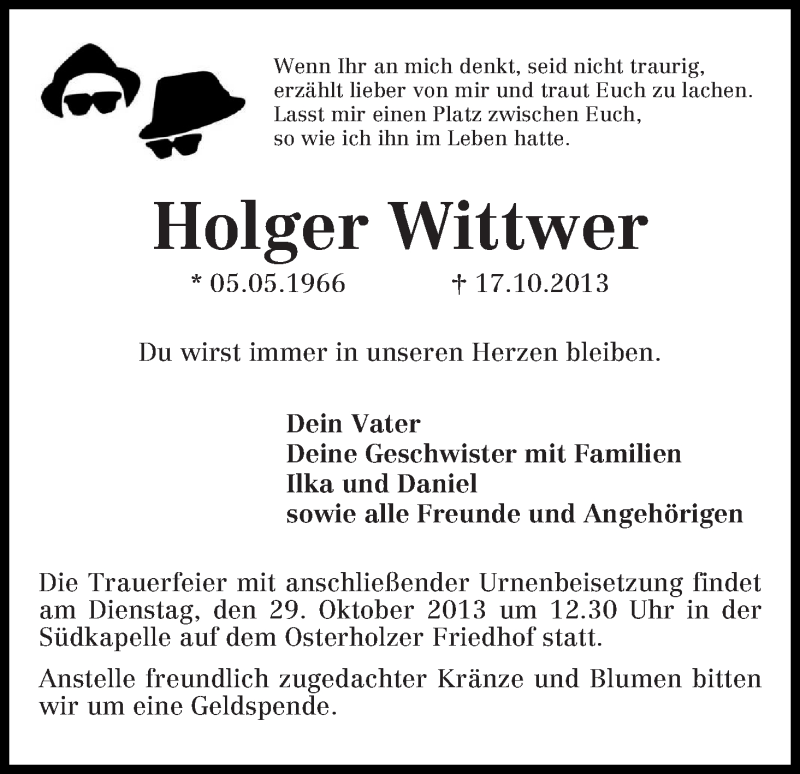 Traueranzeige von Holger Wittwer von WESER-KURIER
