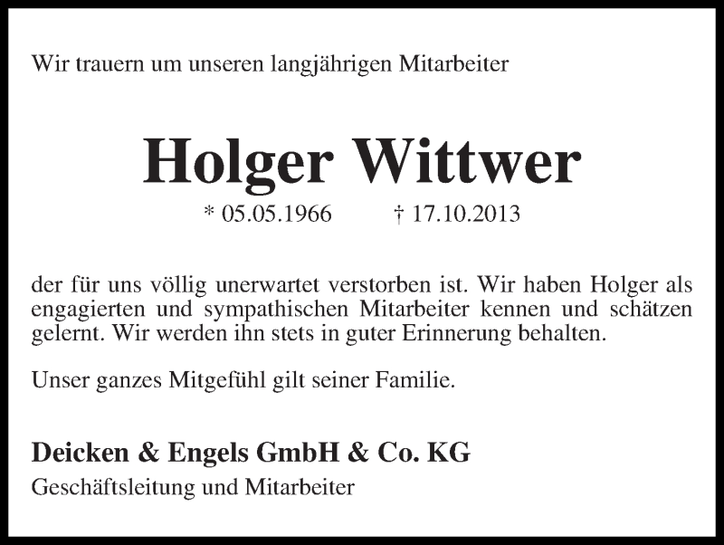 Traueranzeige von Holger Wittwer von WESER-KURIER