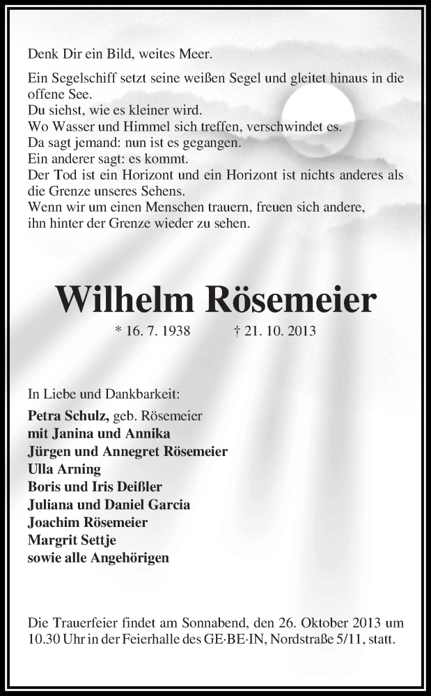 Traueranzeige von Wilhelm Rösemeier von WESER-KURIER