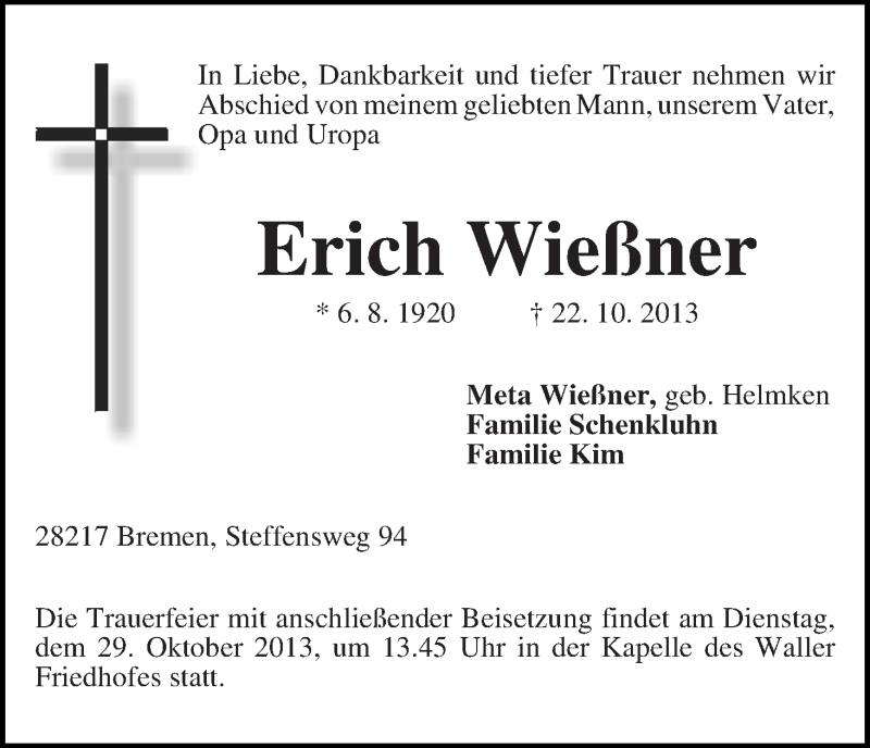 Traueranzeige von Erich Wießner von WESER-KURIER