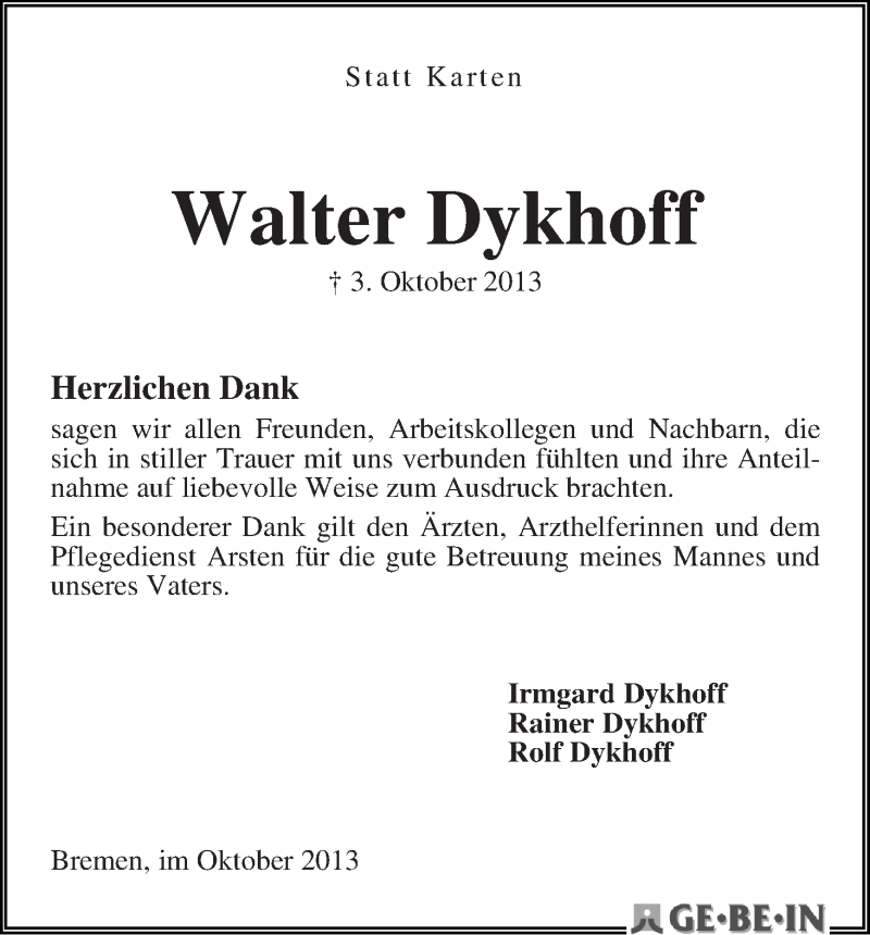 Traueranzeige von Walter Dykhoff von WESER-KURIER