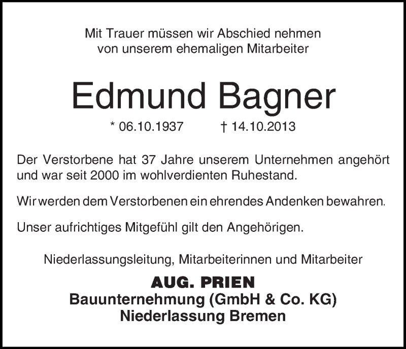 Traueranzeige von Edmund Bagner von WESER-KURIER