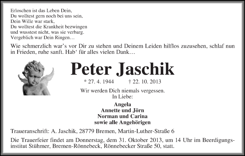  Traueranzeige für Peter Jaschik vom 26.10.2013 aus WESER-KURIER