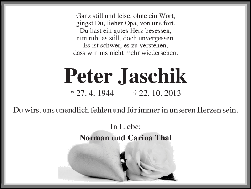  Traueranzeige für Peter Jaschik vom 26.10.2013 aus WESER-KURIER
