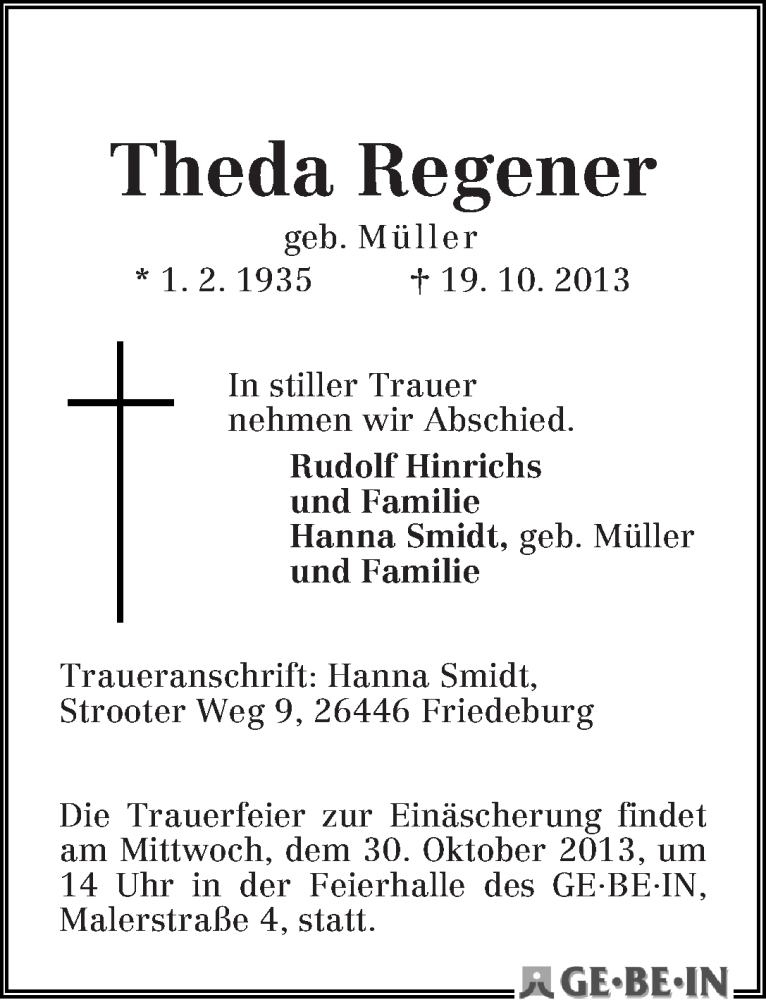  Traueranzeige für Theda Regener vom 26.10.2013 aus WESER-KURIER