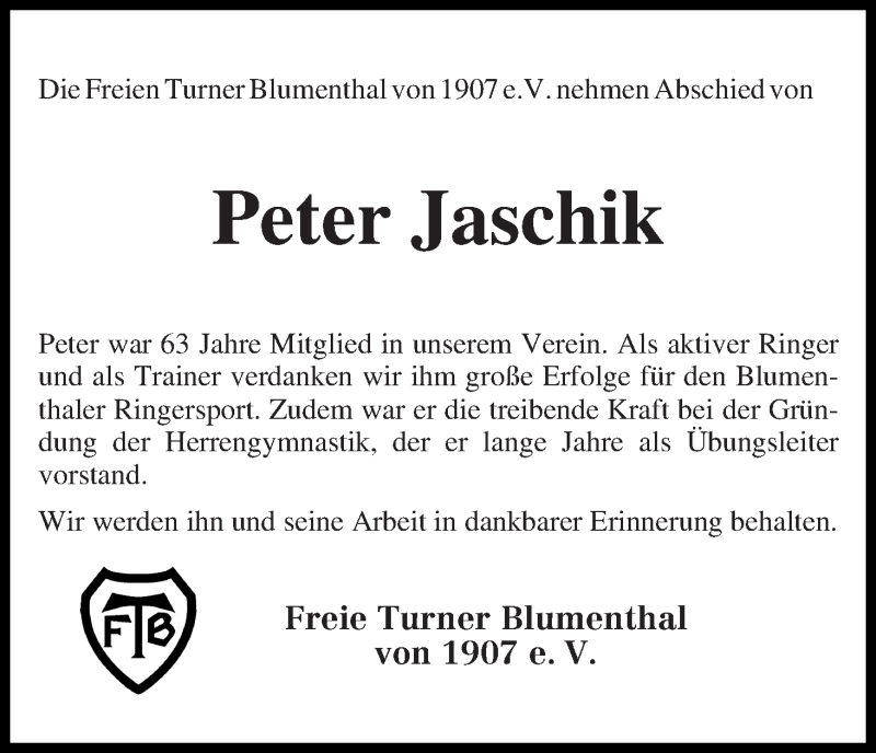  Traueranzeige für Peter Jaschik vom 30.10.2013 aus WESER-KURIER
