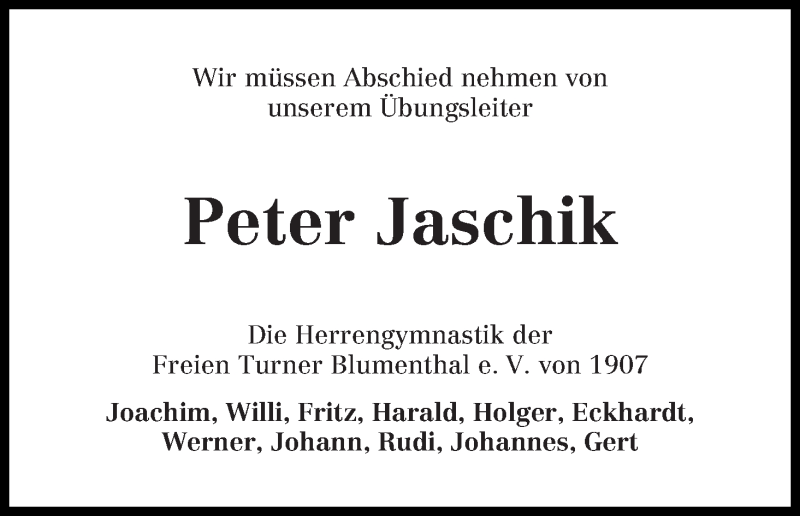  Traueranzeige für Peter Jaschik vom 30.10.2013 aus WESER-KURIER