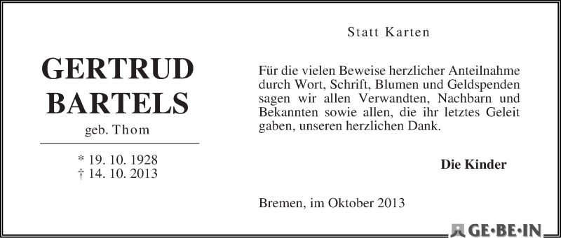 Traueranzeige von Gertrud Bartels von WESER-KURIER