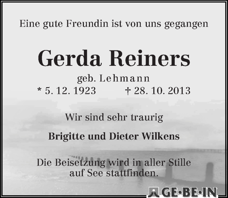 Traueranzeige von Gerda Reiners von WESER-KURIER