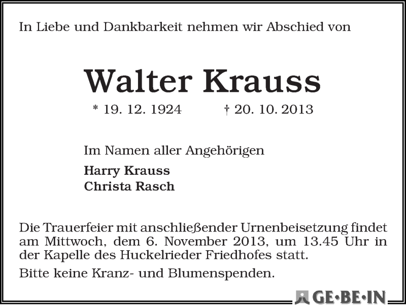 Traueranzeige von Walter Krauss von WESER-KURIER
