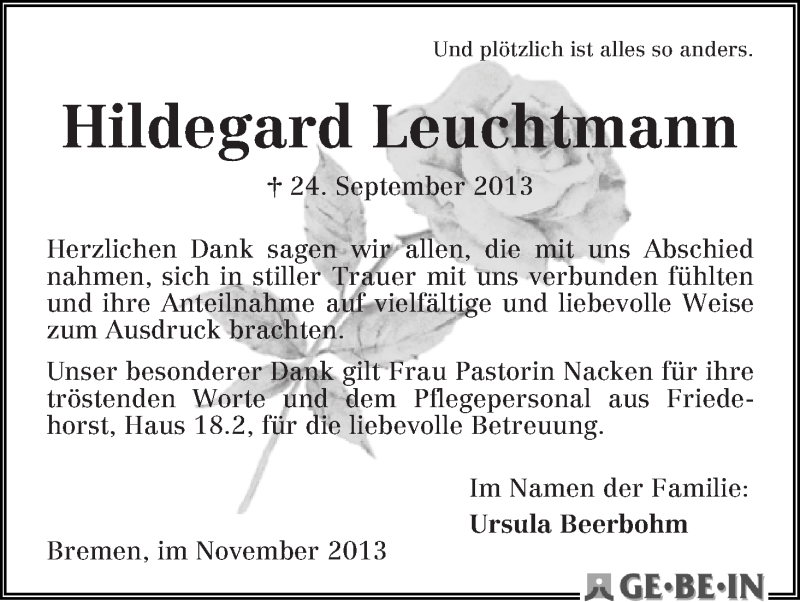 Traueranzeige von Hildegard Leuchtmann von WESER-KURIER