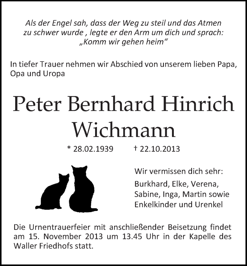 Traueranzeige von Peter Bernhard Hinrich Wichmann von WESER-KURIER