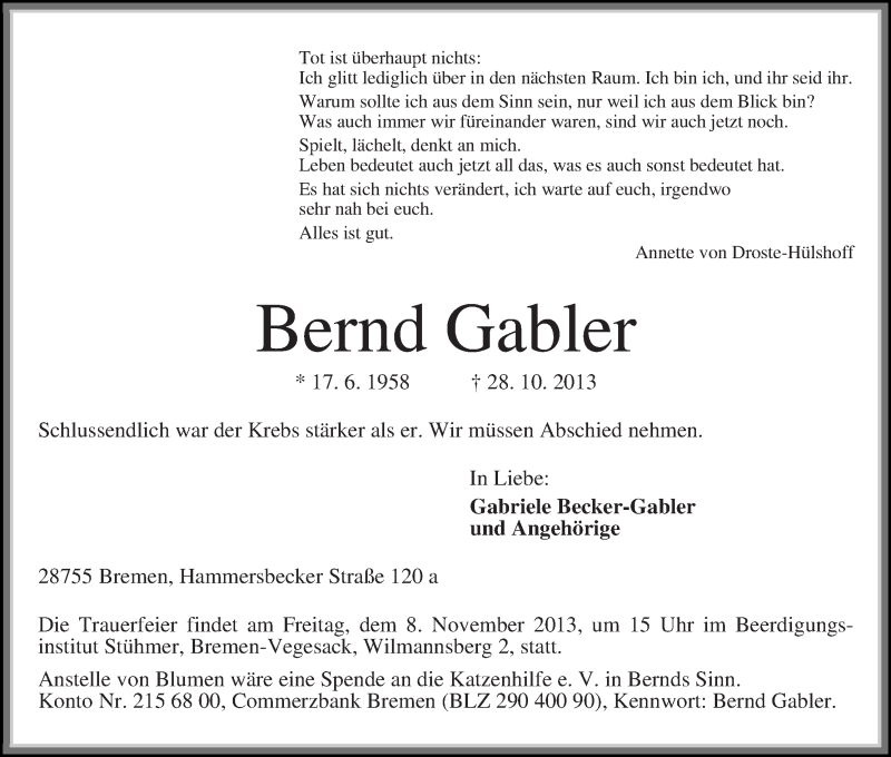  Traueranzeige für Bernd Gabler vom 02.11.2013 aus WESER-KURIER
