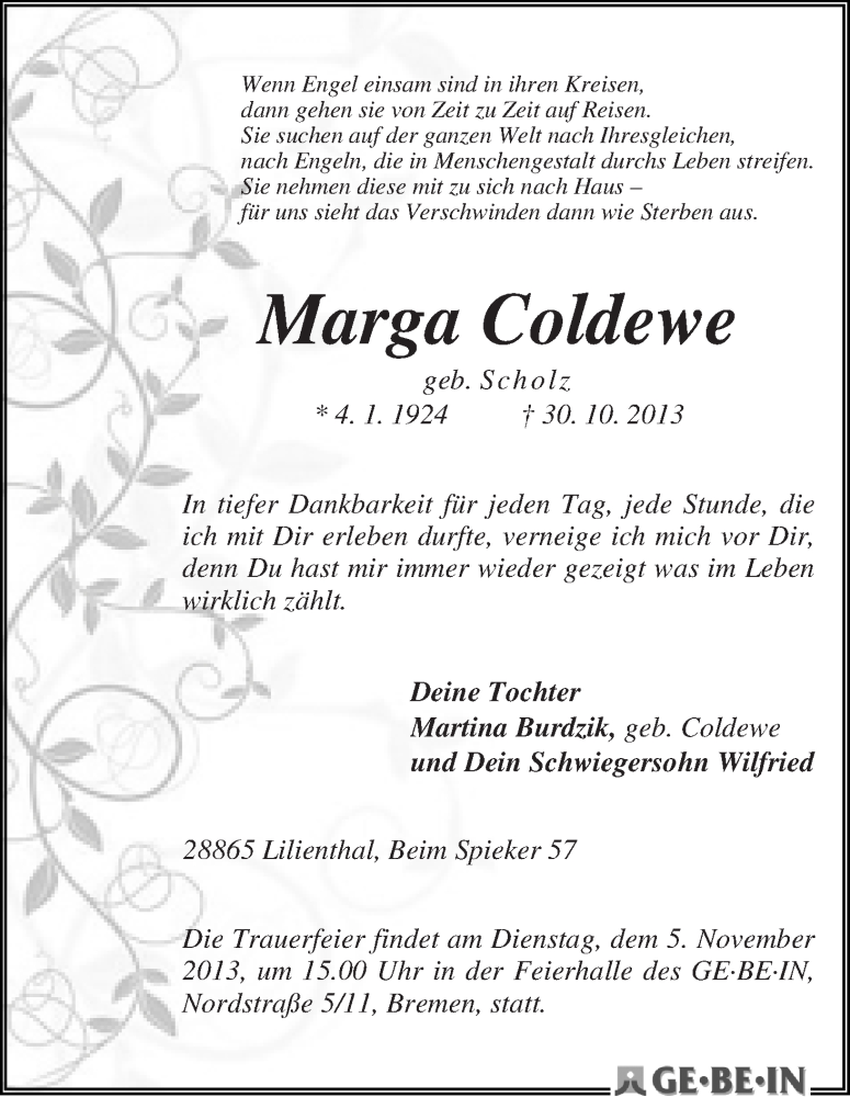  Traueranzeige für Marga Coldewe vom 02.11.2013 aus WESER-KURIER