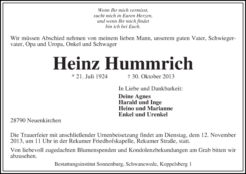 Traueranzeige von Heinz Hummrich von WESER-KURIER