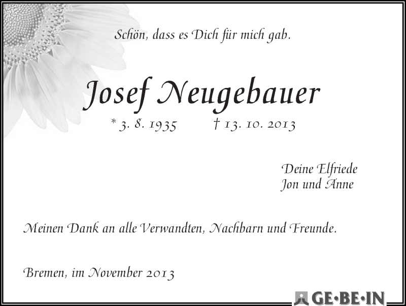 Traueranzeige von Josef Franz Neugebauer von WESER-KURIER