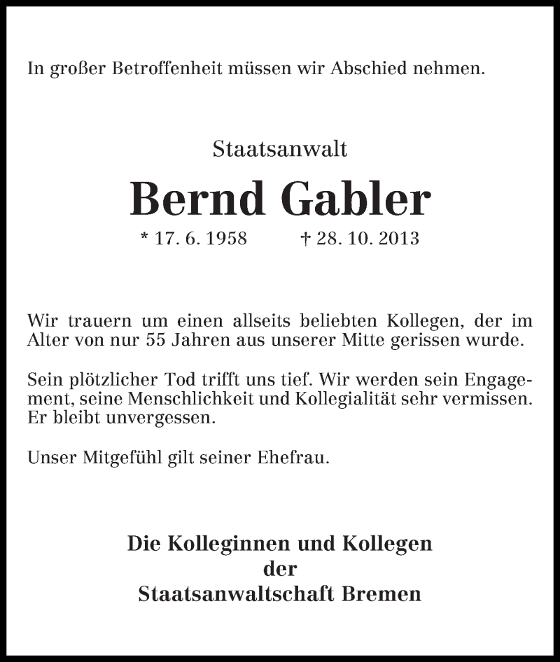  Traueranzeige für Bernd Gabler vom 02.11.2013 aus WESER-KURIER