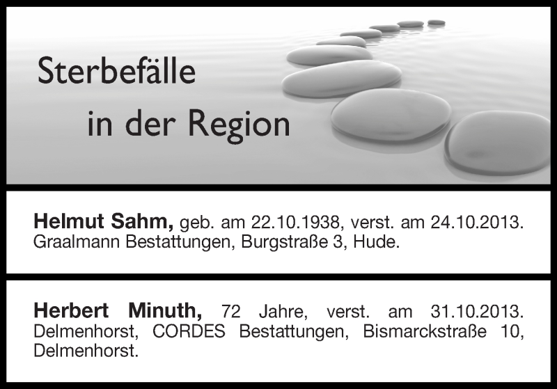 Traueranzeige von Sterbefälle in der Region Delmenhorst von WESER-KURIER