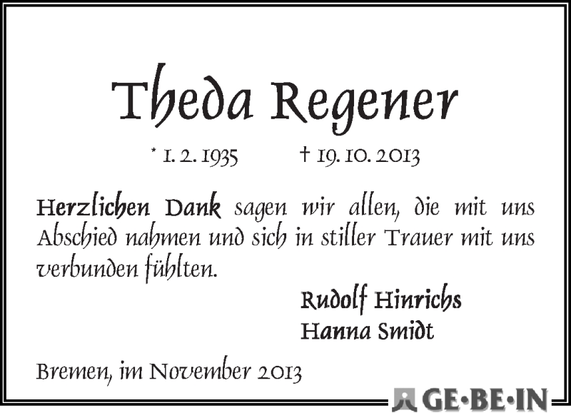  Traueranzeige für Theda Regener vom 09.11.2013 aus WESER-KURIER