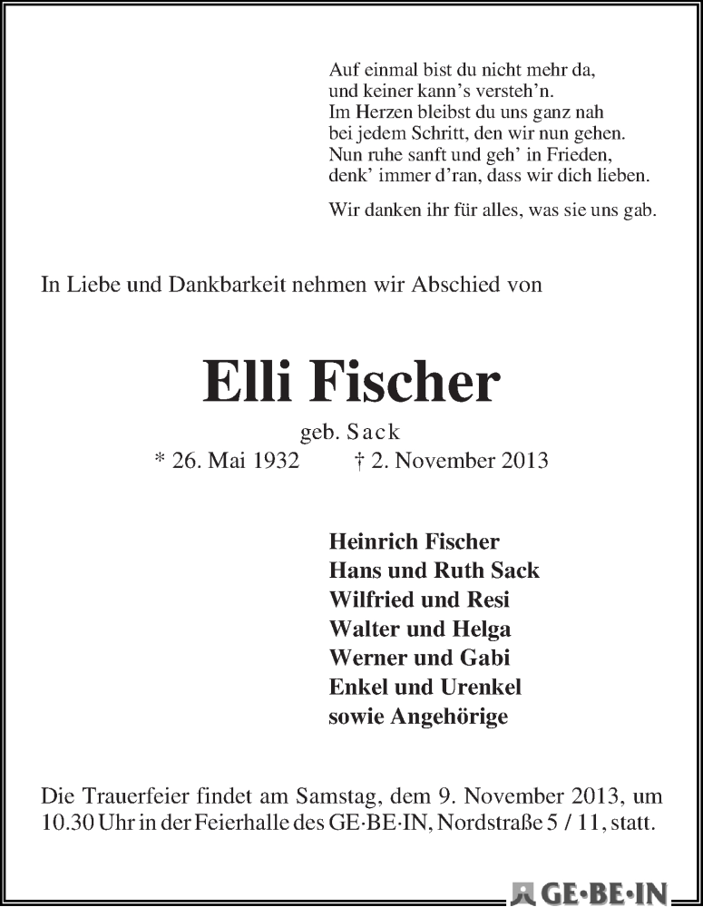 Traueranzeige von Elli Fischer von WESER-KURIER