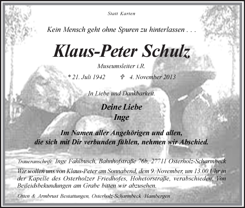  Traueranzeige für Klaus-Peter Schulz vom 06.11.2013 aus WESER-KURIER