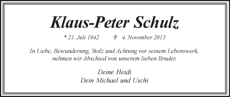  Traueranzeige für Klaus-Peter Schulz vom 06.11.2013 aus WESER-KURIER