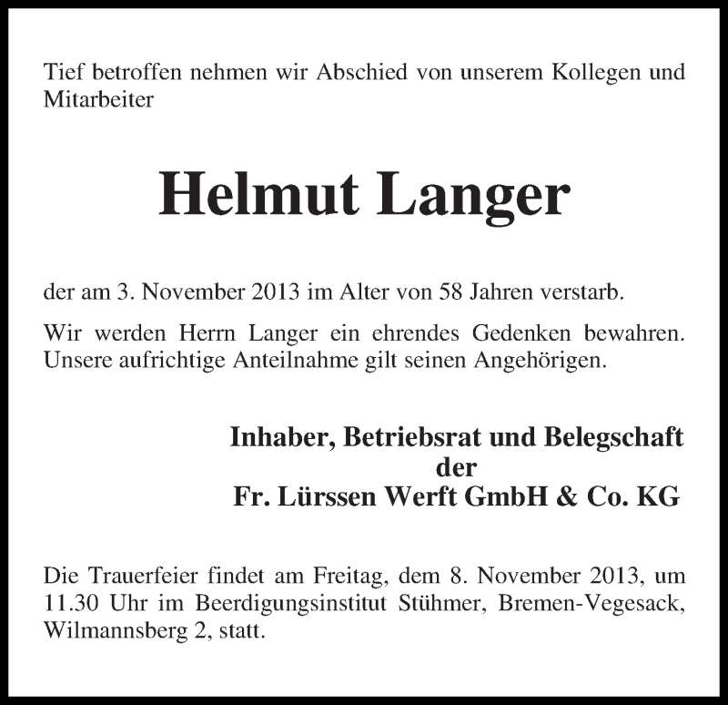  Traueranzeige für Helmut Langer vom 06.11.2013 aus WESER-KURIER