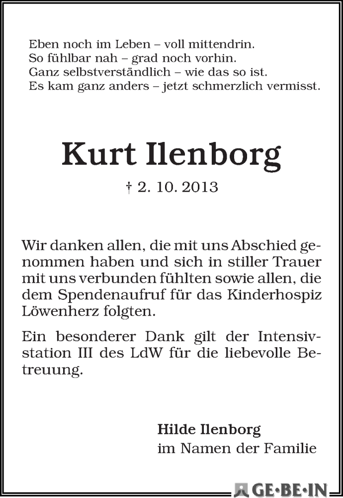 Traueranzeige von Kurt Ilenborg von WESER-KURIER