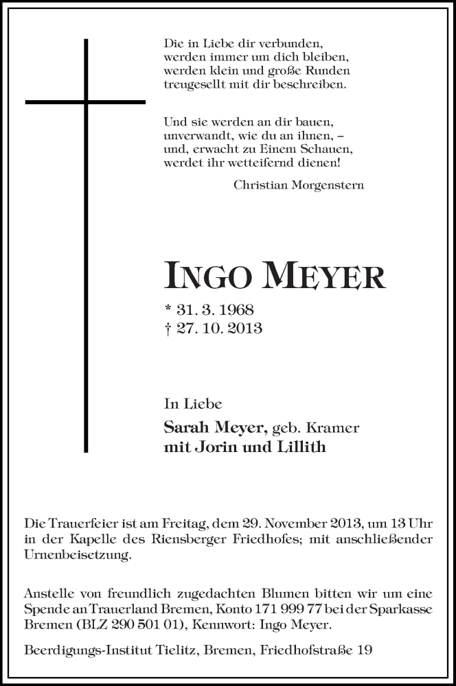 Traueranzeige von Ingo Meyer von WESER-KURIER