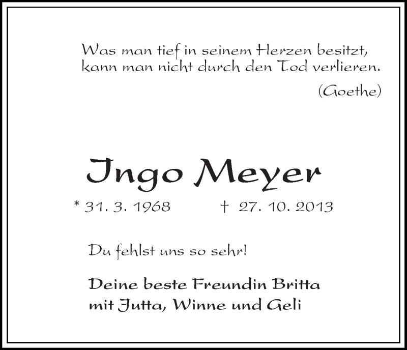  Traueranzeige für Ingo Meyer vom 16.11.2013 aus WESER-KURIER