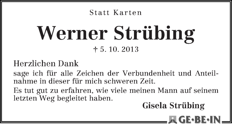 Traueranzeige von Werner Strübing von WESER-KURIER