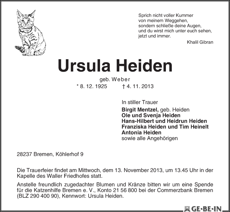 Traueranzeige von Ursula Heiden von WESER-KURIER