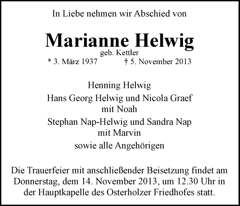 Traueranzeige von Marianne Helwig von WESER-KURIER