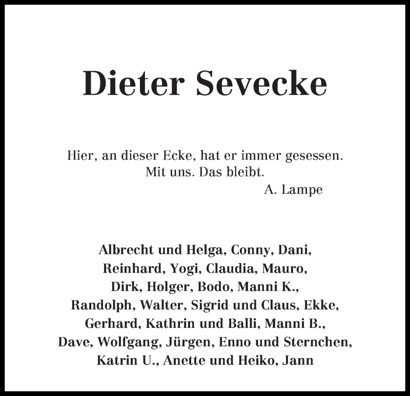 Traueranzeige von Dieter Sevecke von WESER-KURIER