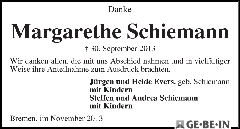Traueranzeige von Margarethe Schiemann von WESER-KURIER