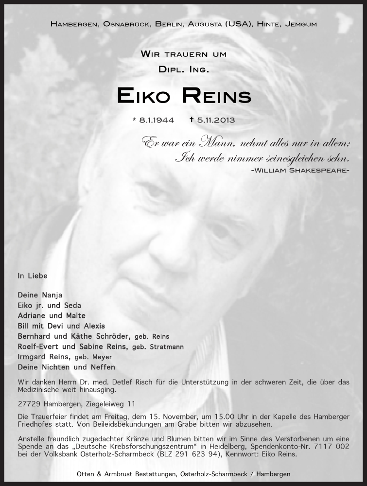  Traueranzeige für Eiko Reins vom 09.11.2013 aus WESER-KURIER