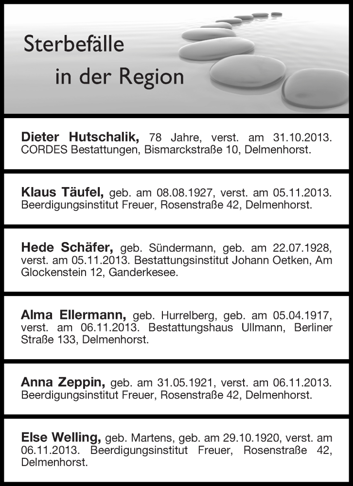 Traueranzeige von Sterbefälle vom 09.11.2013 von WESER-KURIER