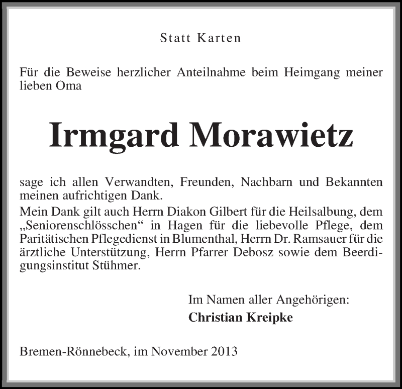  Traueranzeige für Irmgard Morawietz vom 09.11.2013 aus WESER-KURIER