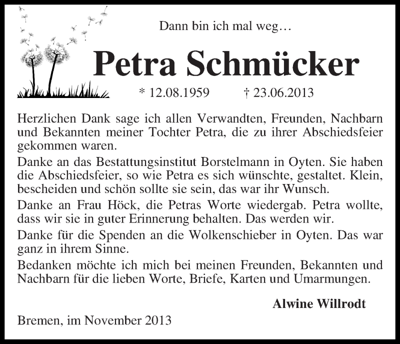 Traueranzeige für Petra Schmücker vom 09.11.2013 aus WESER-KURIER