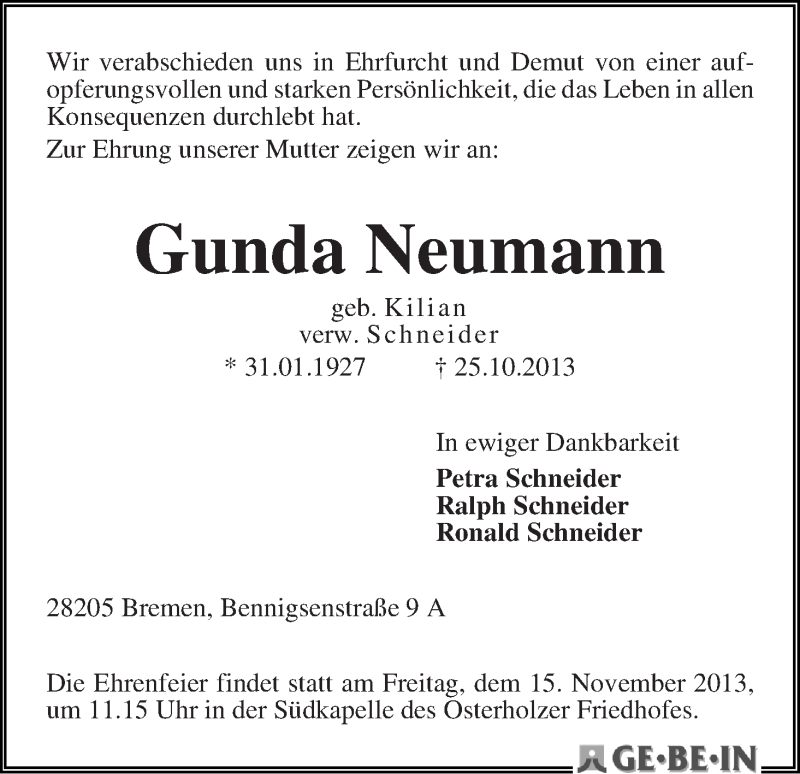 Traueranzeige von Gunda Neumann von WESER-KURIER