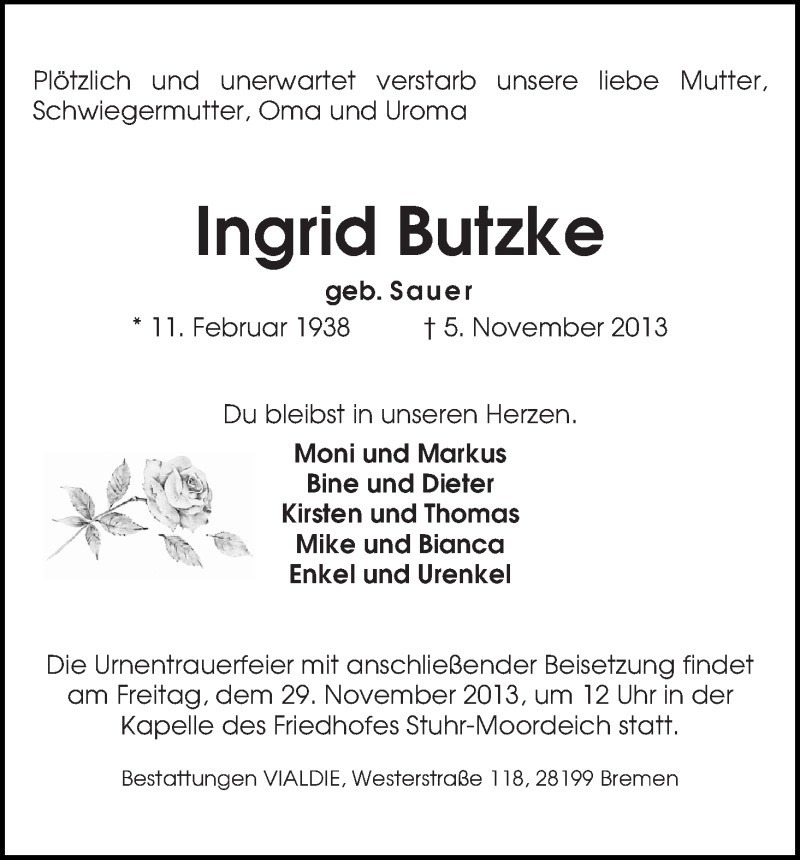  Traueranzeige für Ingrid Butzke vom 09.11.2013 aus WESER-KURIER