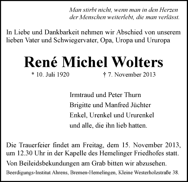 Traueranzeige von René Michel Wolters von WESER-KURIER