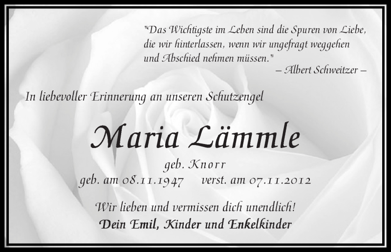  Traueranzeige für Maria Lämmle vom 09.11.2013 aus WESER-KURIER