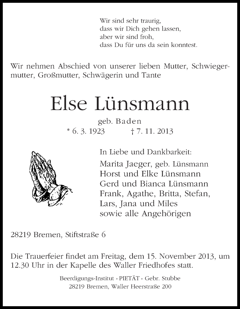  Traueranzeige für Else Lünsmann vom 09.11.2013 aus WESER-KURIER