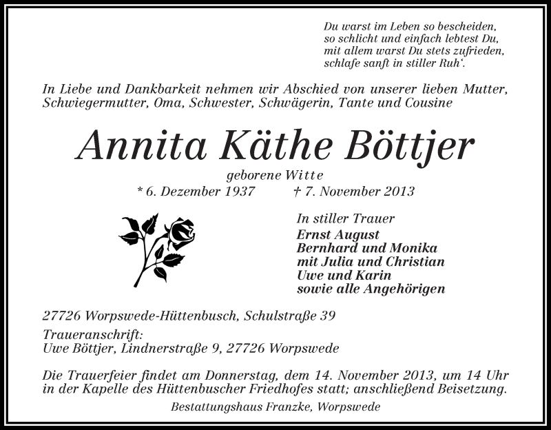 Traueranzeige von Annita Käthe Böttjer von WESER-KURIER