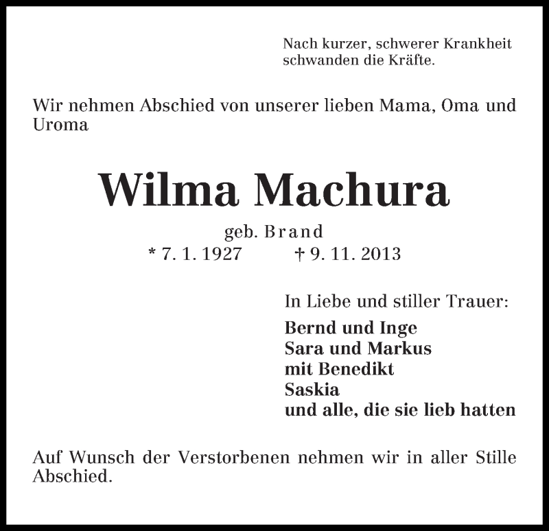  Traueranzeige für Wilma Machura vom 11.11.2013 aus WESER-KURIER