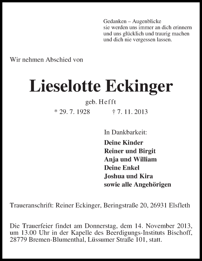  Traueranzeige für Lieselotte Eckinger vom 11.11.2013 aus WESER-KURIER